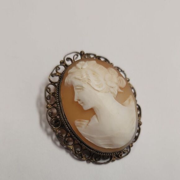 Left Facing RARE Carved Shell Cameo Brooch - Picture 2 of 8